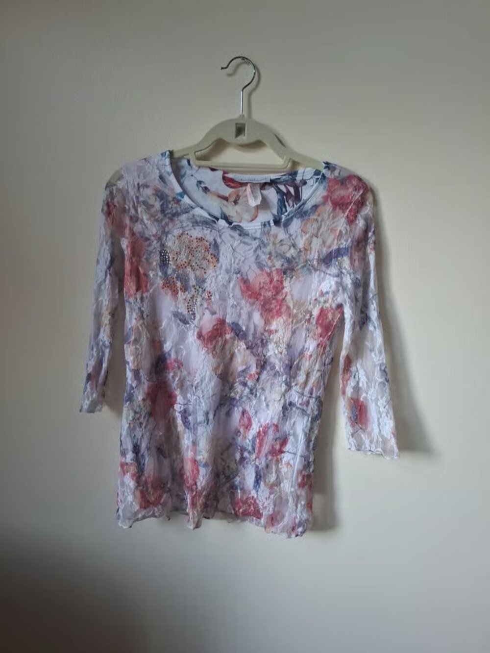Vintage Keren Hart Floral Multicolored Lace Overlay Top 3/4 Sleeves Size M
